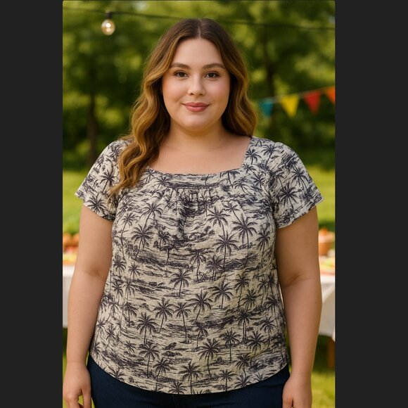 Torrid Clip Jacquard Cotton Square Neck Flutter Sleeve Top 2X 18 20 Jungle Trees - Picture 1 of 6